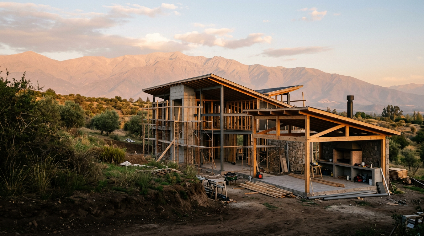 Casa y quincho en construcción con la cordillera de los Andes al fondo